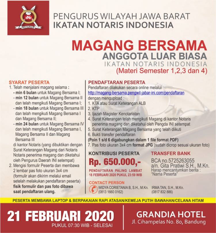 Magang Bersama Pengurus Wilayah Jawa Barat Ikatan Notaris Indonesia Bulan Februari 2020