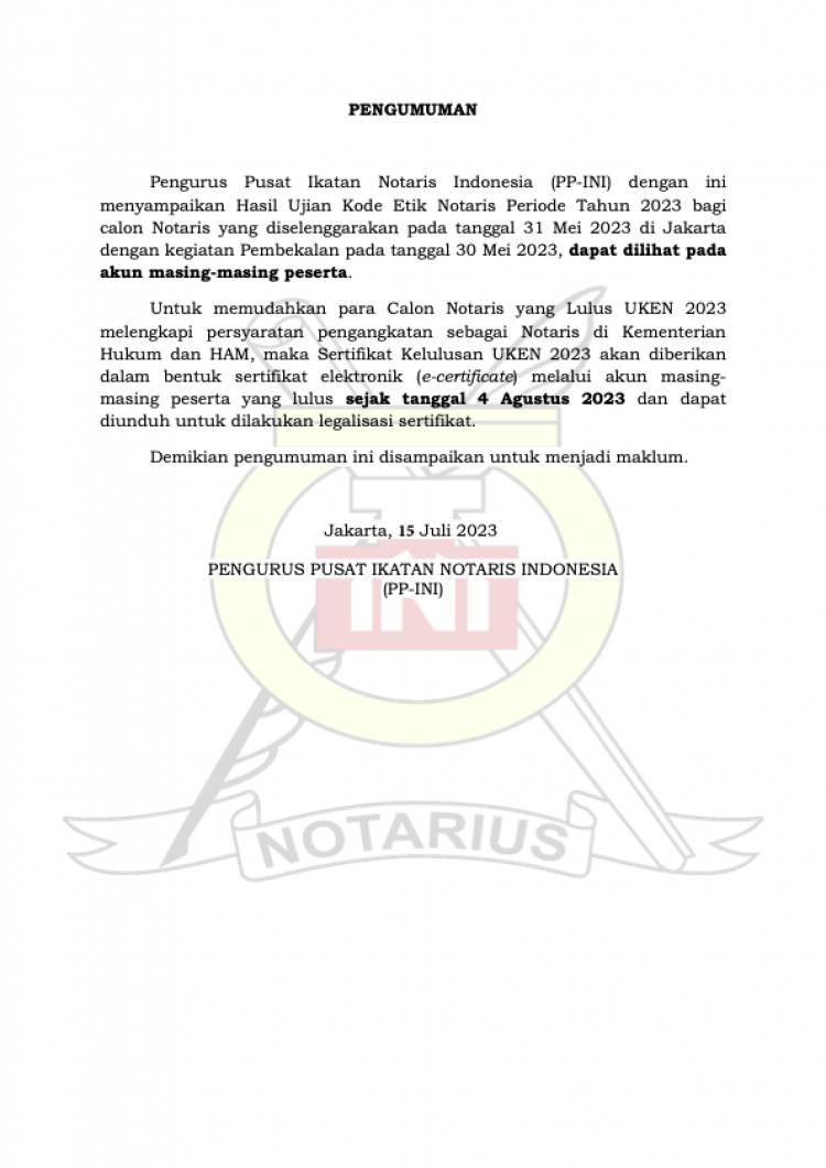 Hasil Ujian Kode Etik Notaris Periode Tahun 2023
