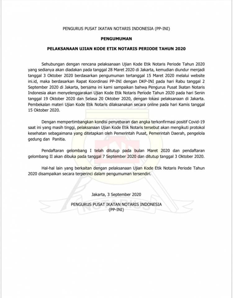 Pengumuman Ujian Kode Etik Notaris 2020