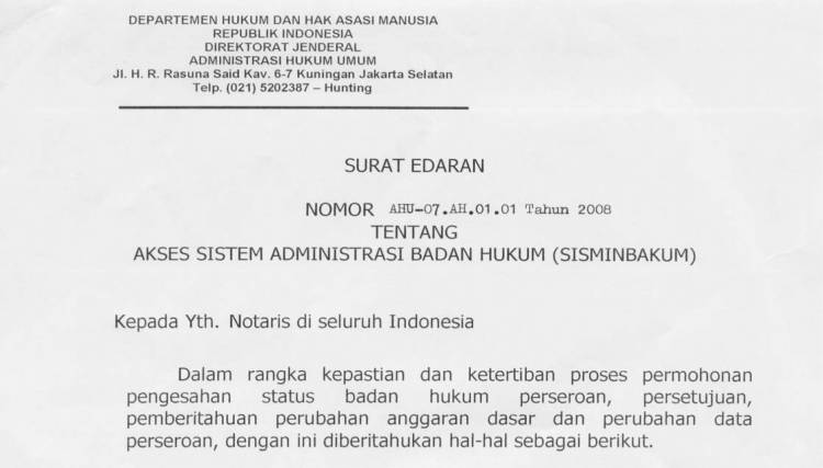 Edaran Dirjen AHU Akses Sisminbakum Tentang Akses Sistem Administrasi Badan Hukum