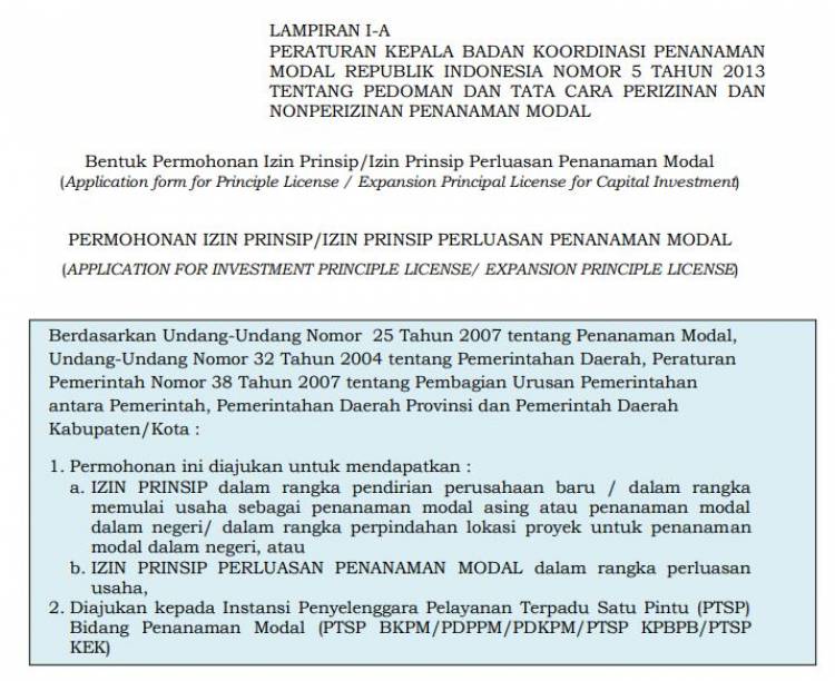 Lampiran Perka No.5 thn 2013 Tentang Pedoman Dan Tata Cara Perizinan Dan Nonperizinan Penanaman Modal