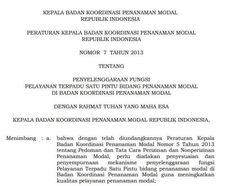 Peraturan Kepala BKPM No_ 7 Tahun 2013