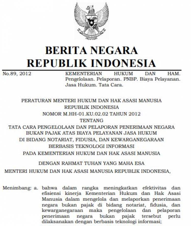 Permenkumham tentang tata cara pengelolaan PNBP thn 2012