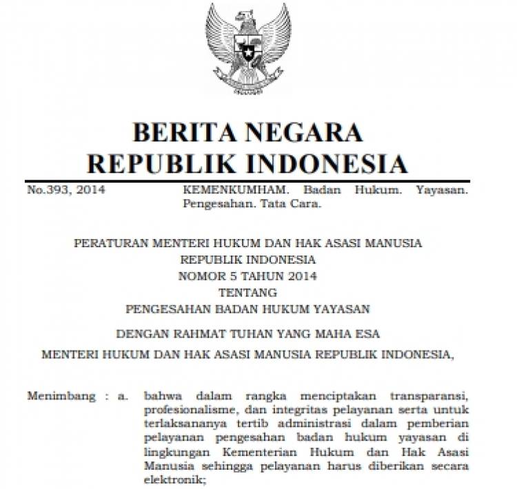 Permenkumham No 5 tahun 2014 Tentang Pengesahan Badan Hukum Yayasan