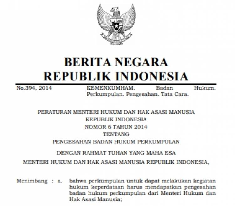 Permenkumham No 6 Tahun 2014 Tentang Pengesahan Badan Hukum Perkumpulan