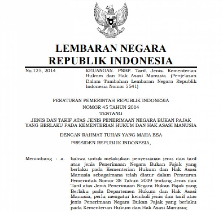 PP No.45 Tahun 2014 Tentang Jenis dan Tarif PNBP Kemenkumham