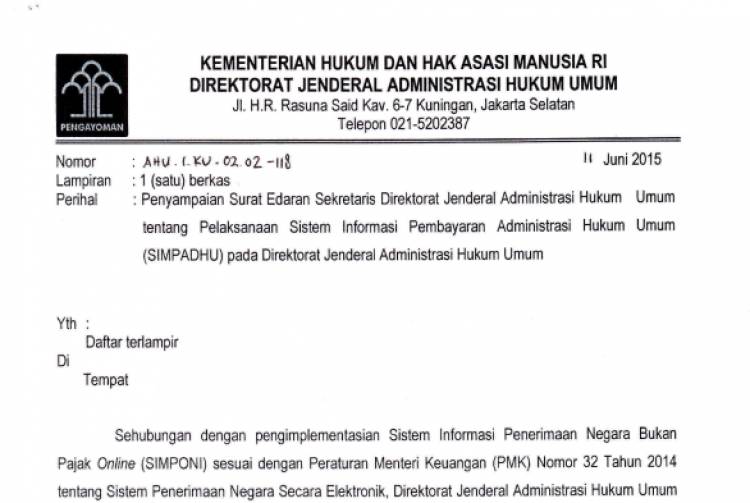 Surat Edaran Sekretaris Dirjen AHU Tentang Pelaksanaan SIMPADHU pada Direktorat Jenderal AHU