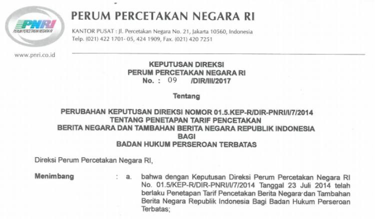 KEPUTUSAAN DIREKSI PNRI NOMOR 9 TAHUN 2017