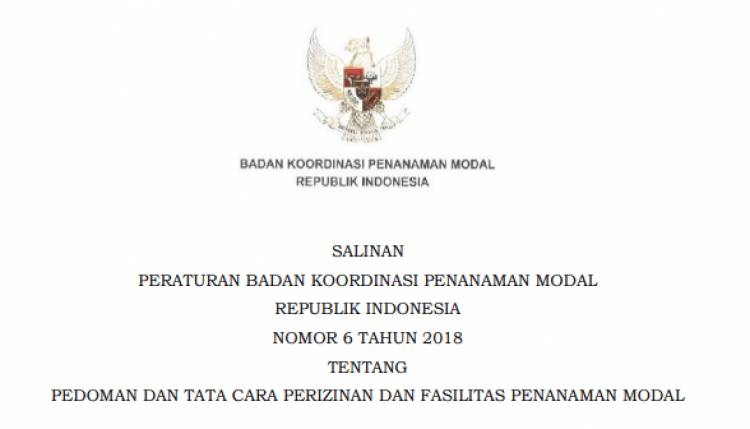 PERATURAN BADAN KOORDINASI PENANAMAN MODAL REPUBLIK INDONESIA NOMOR 6 TAHUN 2018 TENTANG PEDOMAN DAN TATA CARA PERIZINAN DAN FASILITAS PENANAMAN MODAL
