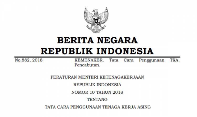 PERATURAN MENTERI KETENAGAKERJAAN REPUBLIK INDONESIA NOMOR 10 TAHUN 2018 TENTANG TATA CARA PENGGUNAAN TENAGA KERJA ASING