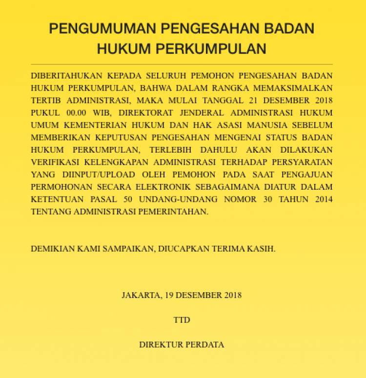 PENGUMUMAN PENGESAHAN BADAN HUKUM PERKUMPULAN