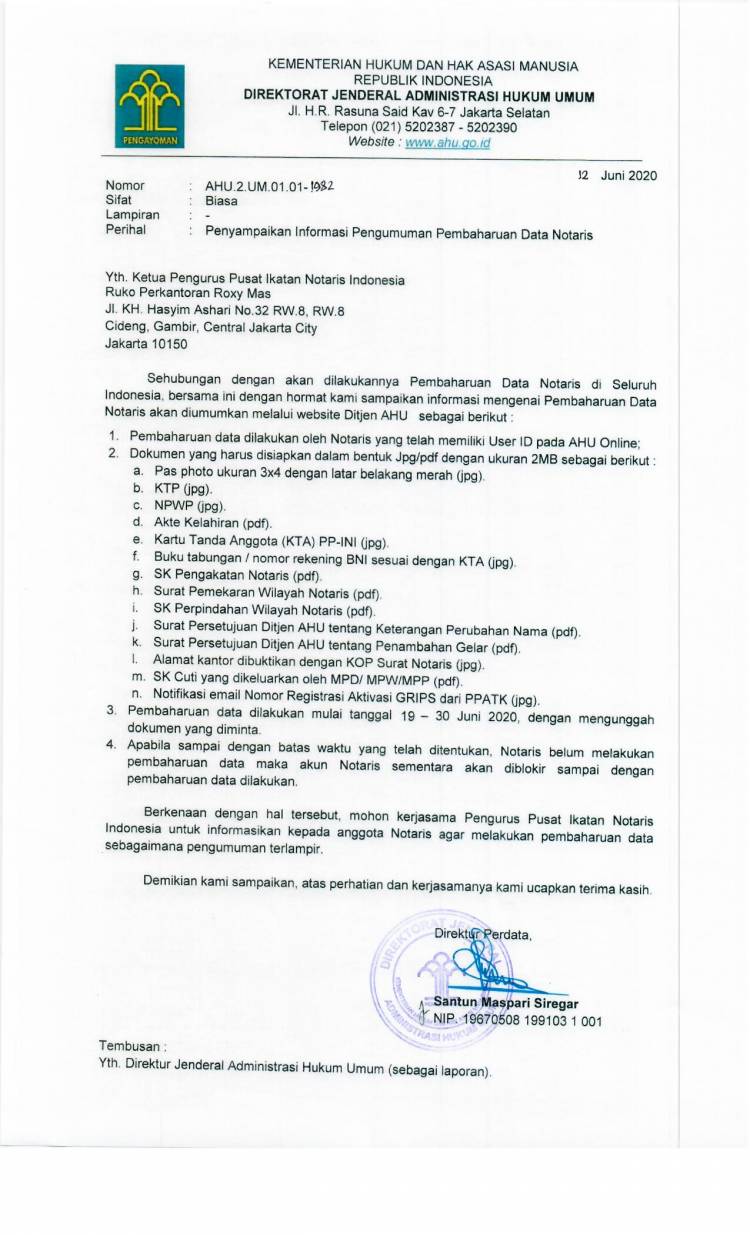 SURAT DIREKTORAT JENDERAL ADMINISTRASI UMUM KEMENTERIAN HUKUM DAN HAK ASASI MANUSIA NOMOR AHU.2.UM.01.01-1982 TANGGAL 12 JUNI 2020