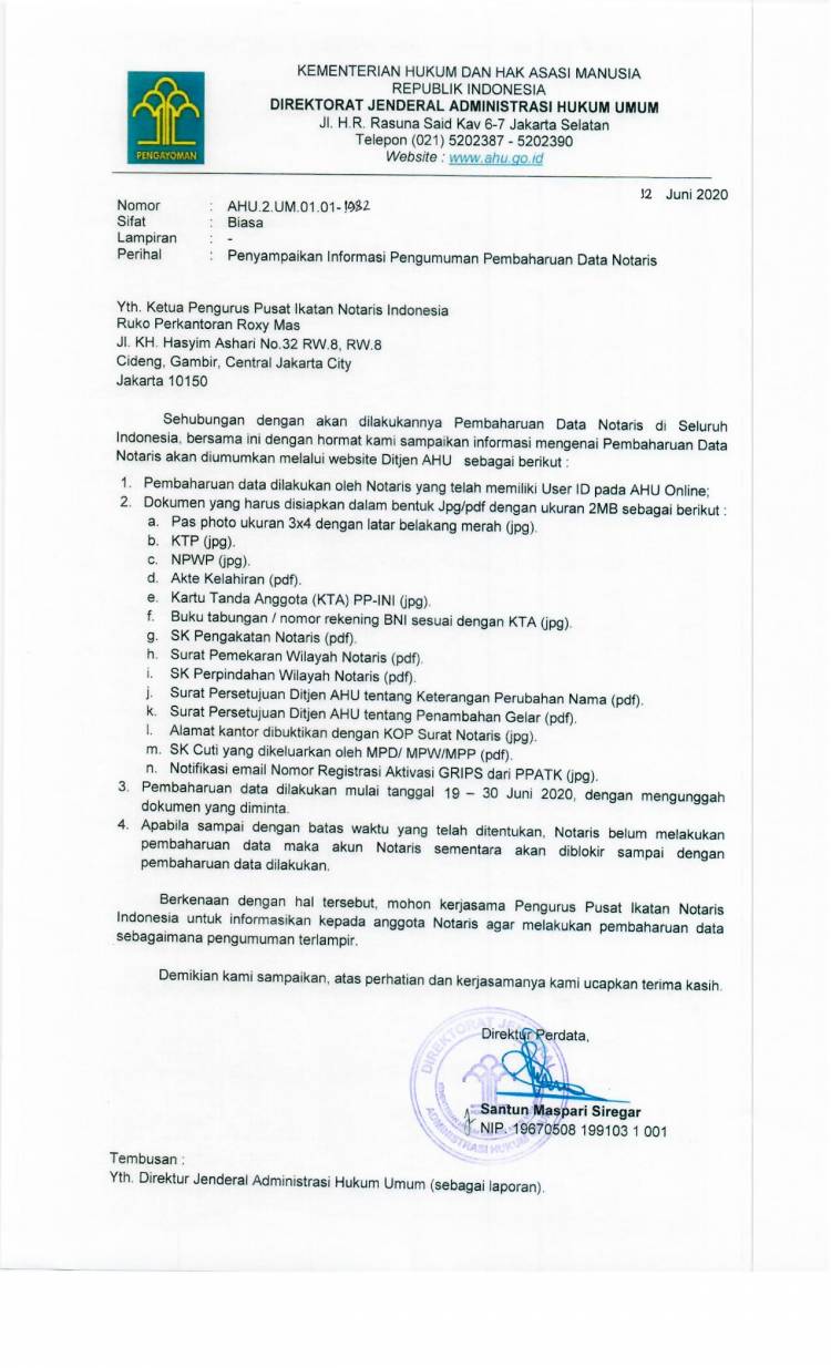 SURAT DIREKTORAT JENDERAL ADMINISTRASI UMUM KEMENTERIAN HUKUM DAN HAK ASASI MANUSIA NOMOR AHU.2.UM.01.01-1982 TANGGAL 12 JUNI 2020 