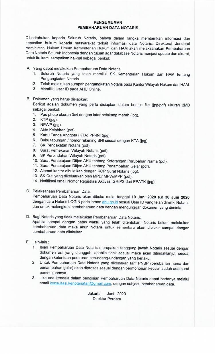 SURAT DIREKTORAT JENDERAL ADMINISTRASI UMUM KEMENTERIAN HUKUM DAN HAK ASASI MANUSIA NOMOR AHU.2.UM.01.01-1982 TANGGAL 12 JUNI 2020
