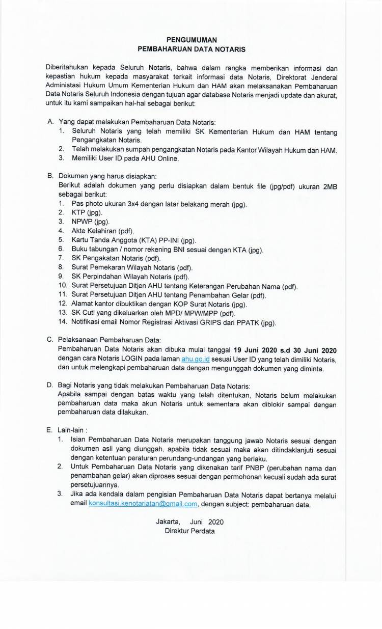 SURAT DIREKTORAT JENDERAL ADMINISTRASI UMUM KEMENTERIAN HUKUM DAN HAK ASASI MANUSIA NOMOR AHU.2.UM.01.01-1982 TANGGAL 12 JUNI 2020 